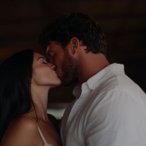 A Strong Security man in a  romantic clinch with a beautiful female client.